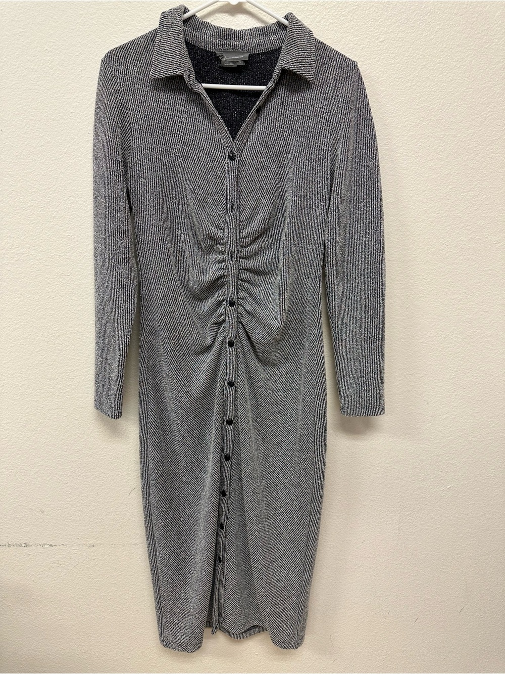 Anthropologie Gray Ruched Button-Front Long Sleeve Knit Dress